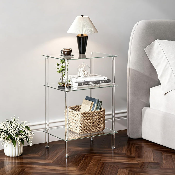 Moderner Beistelltisch Glas Eckig Transparenter Tisch mit 3 Ablagen Nachttisch Glastisch Side Table