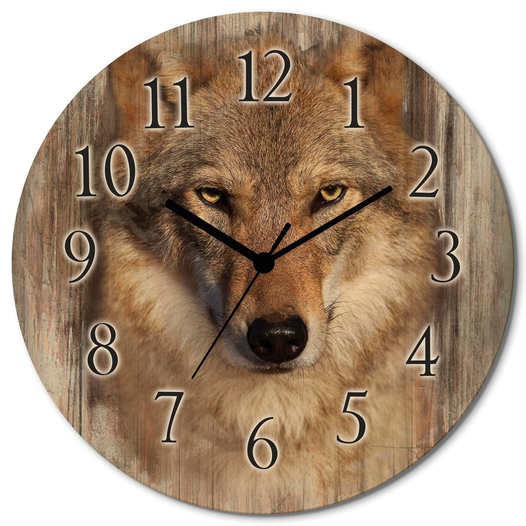 ARTLAND Wanddeko Wanduhr ohne Tickgeräusche aus Holz Quarzuhr lautlos rund Ø 30 cm Wolf T1DQ Tiere W