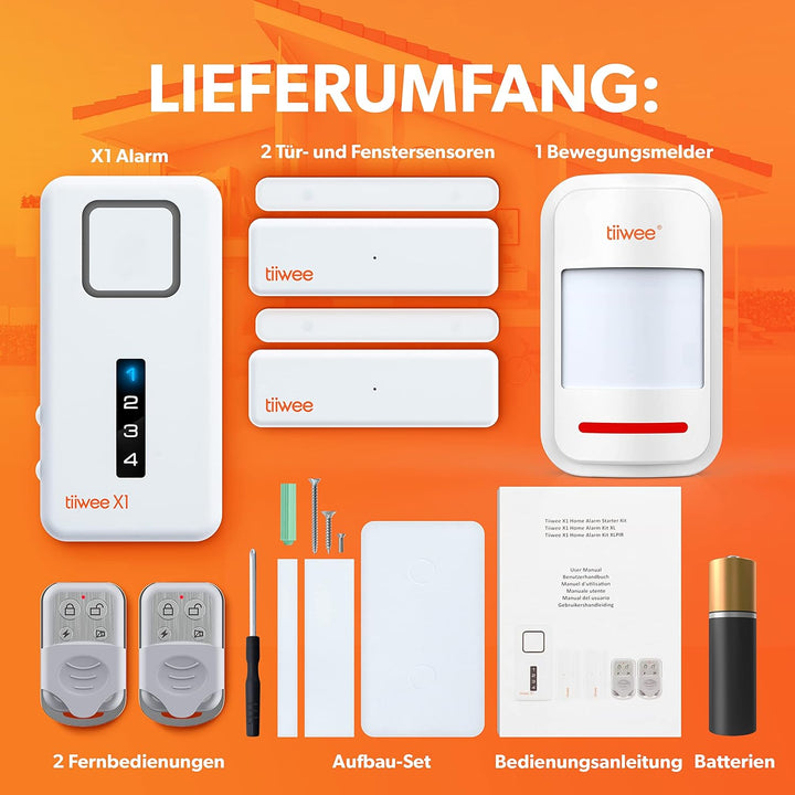 tiiwee Home Alarm System Kit X1 XLPIR - Alarmanlage mit 2 Fenster- oder Tuer Sensoren, 1 Bewegungsme