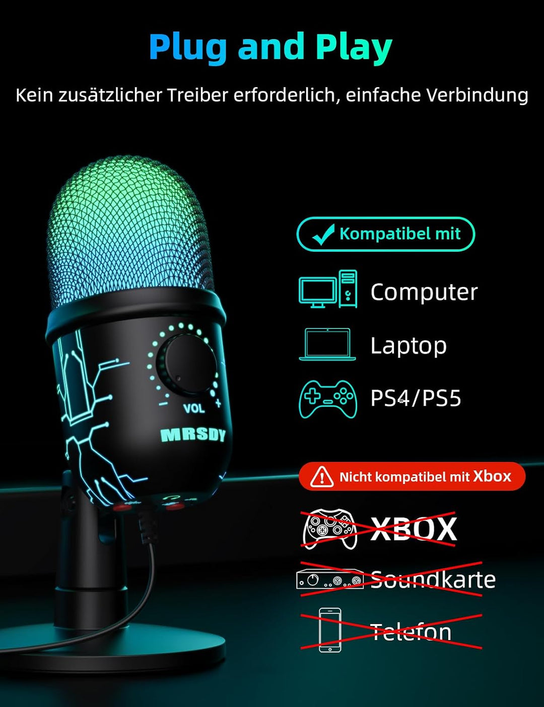 MRSDY USB-Gaming-Mikrofon für PC mit Rauschunterdrückung | Stummschalten, Verstärkung, RGB, Kondensa