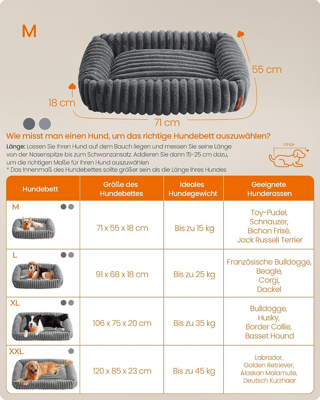 Feandrea Hundebett, mittelgrosses orthopädisches Hundekörbchen, Hundekissen waschbar, Flauschige Hun