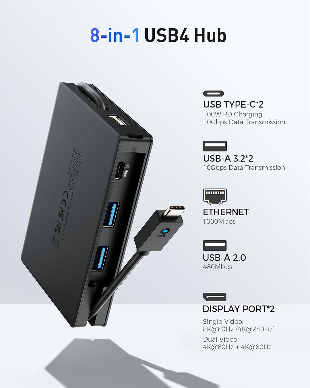 Cable Matters 8-in-1 portable 40Gbit/s USB4 Hub (USB 4 Dock) Dual-DisplayPort 4K@60Hz, Single-Displa