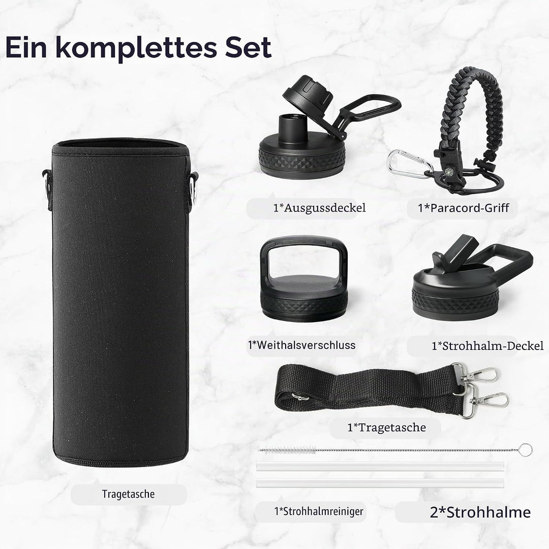 Trebo 1.2 L Edelstahl Trinkflasche Isoliert mit Paracord-Griff &amp; 3 Deckeln | Grosse Metall Wasserfla