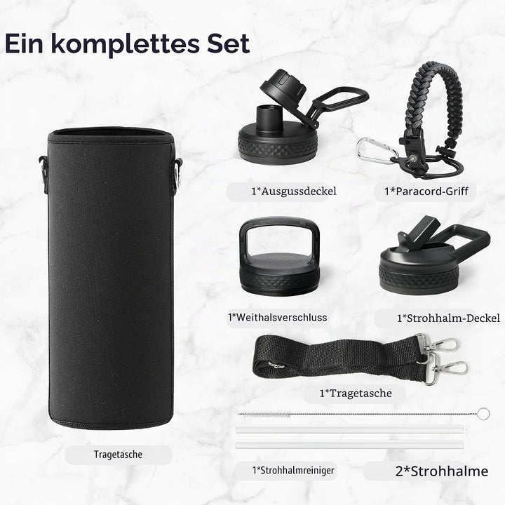 Trebo 1.2 L Edelstahl Trinkflasche Isoliert mit Paracord-Griff &amp; 3 Deckeln | Grosse Metall Wasserfla