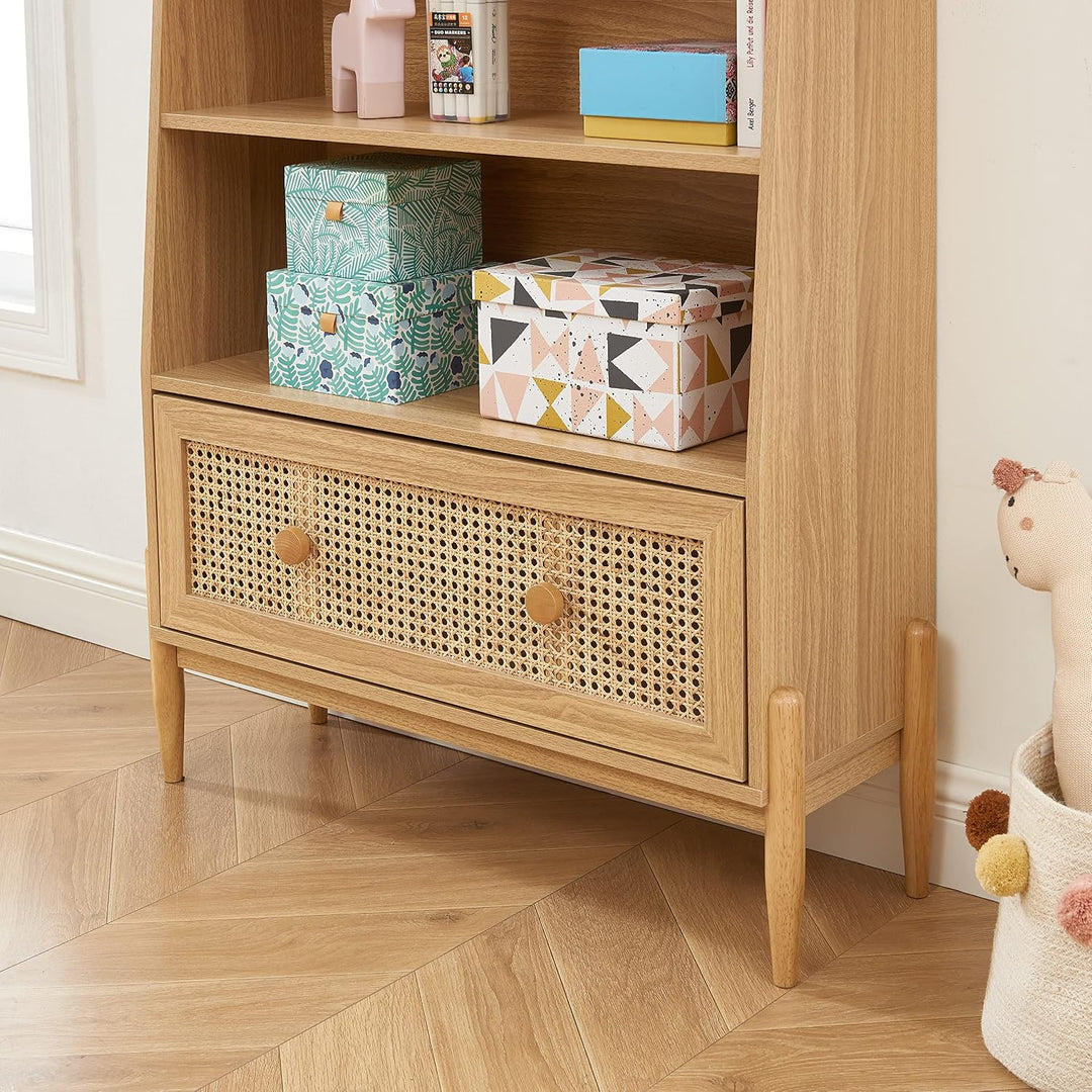 BAÏTA Kinderregal Pablo Eichenoptik und Rattangeflecht, H140cm, Buchenholz