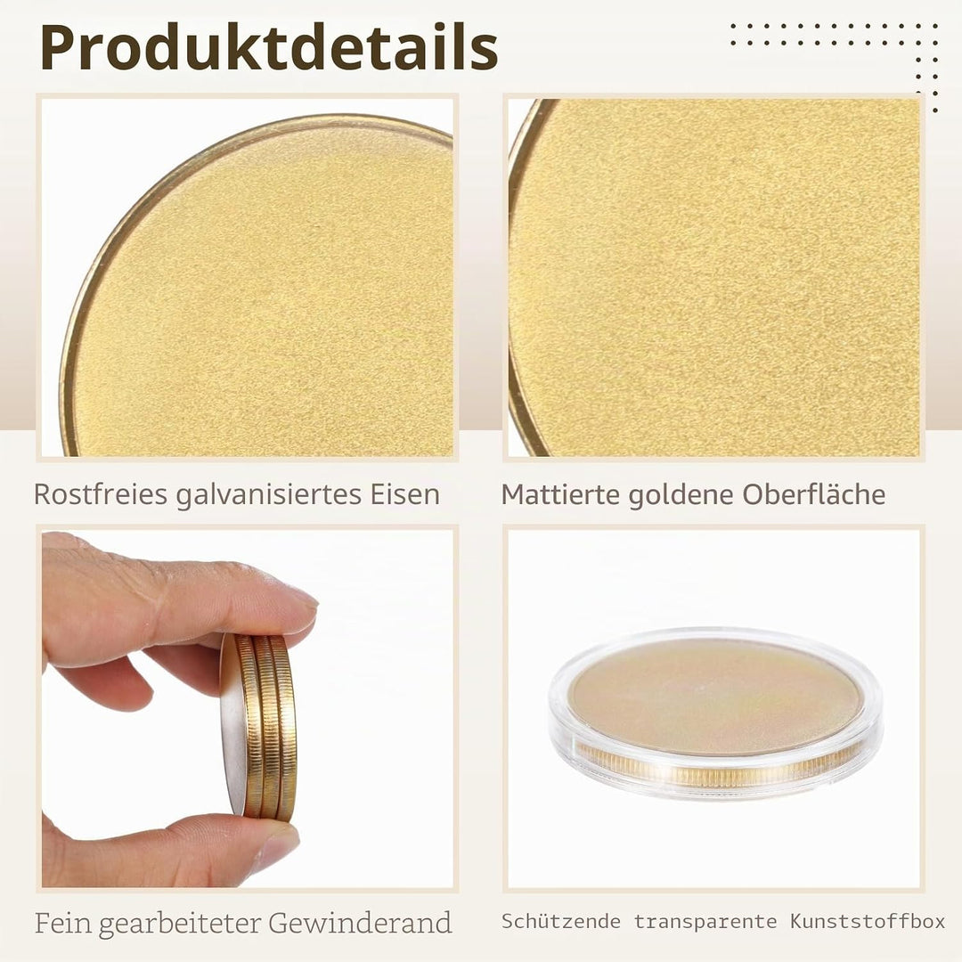 10 Stück Blank Challenge Coins, 40 mm goldene Blank-Metallmünzen mit Gewinderand und durchsichtiger