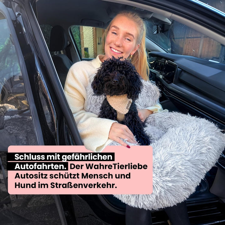 Wahre Tierliebe Hunde Autositz Fluffy inkl. Sicherheitsgurt - waschbarer Hundesitz Auto in schwarz/w