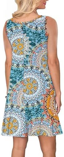 WNEEDU lässiges Sommerkleid Damen Ärmellose Tank Strandkleider T-Shirt Kleid mit Taschen Druck Grün