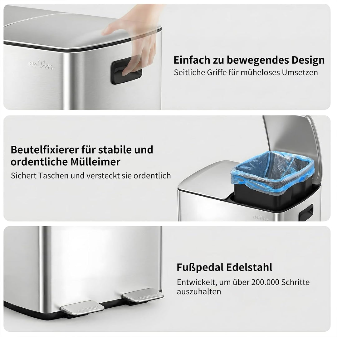 mVm Mülleimer Küche,40 Liter Treteimer,2x20L Doppelter Abfalleimer 2er-Mülleimer Mülltrennung mit In