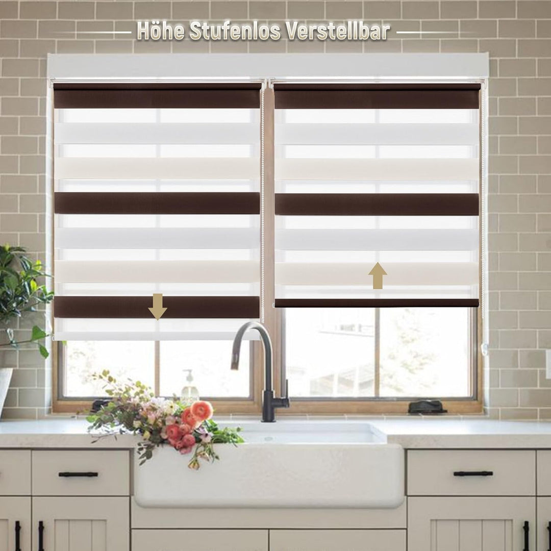Deswell Doppelrollo Klemmfix ohne Bohren Weiss-Beige-Braun B90 x H140 cm (Stoffbreite 86cm) Rollos f