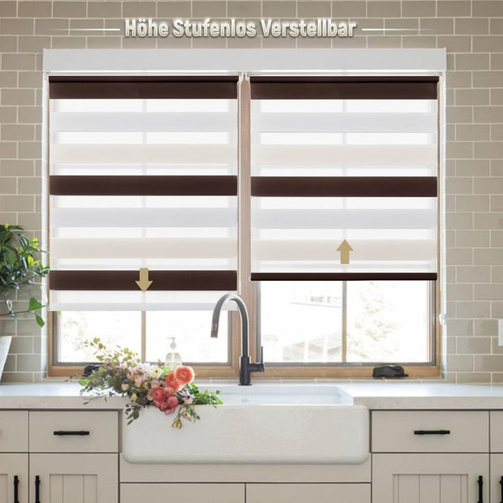Deswell Doppelrollo Klemmfix ohne Bohren Weiss-Beige-Braun B90 x H140 cm (Stoffbreite 86cm) Rollos f