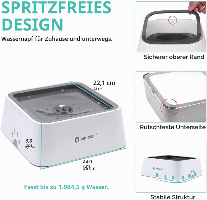 LumoLeaf Wassernapf für Hunde, 2L, Anti-Schwapp Fressnapf Hund Unterwegs mit Kohlefilter, Hundenapf