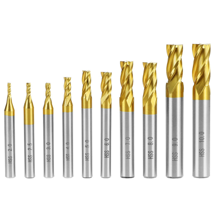 QWORK® Schaftfräser Satz 10-teilig HSS Titan-beschichtet 2-10mm – 4 Schneiden Fingerfräser für CNC-B