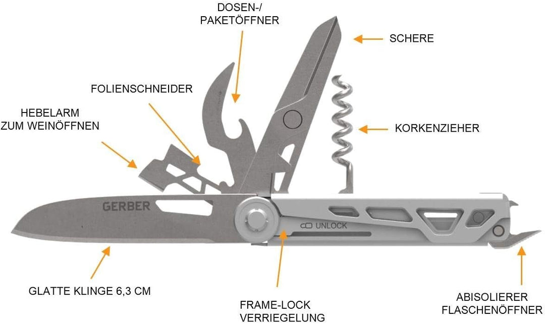 Gerber Taschenmesser mit 8 Funktionen, Multitool mit glatter Klinge, ArmBar Cork, Gold, Edelstahl/Al