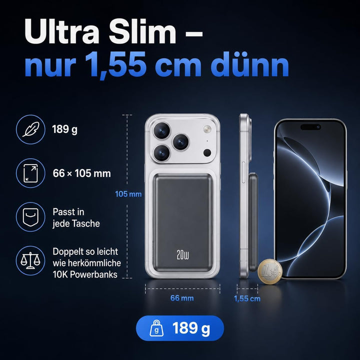 iPhone Powerbank für Magsafe, Dünn &amp; Leicht 10000mAh Magnetische Power Bank Schwarz, Schwarz