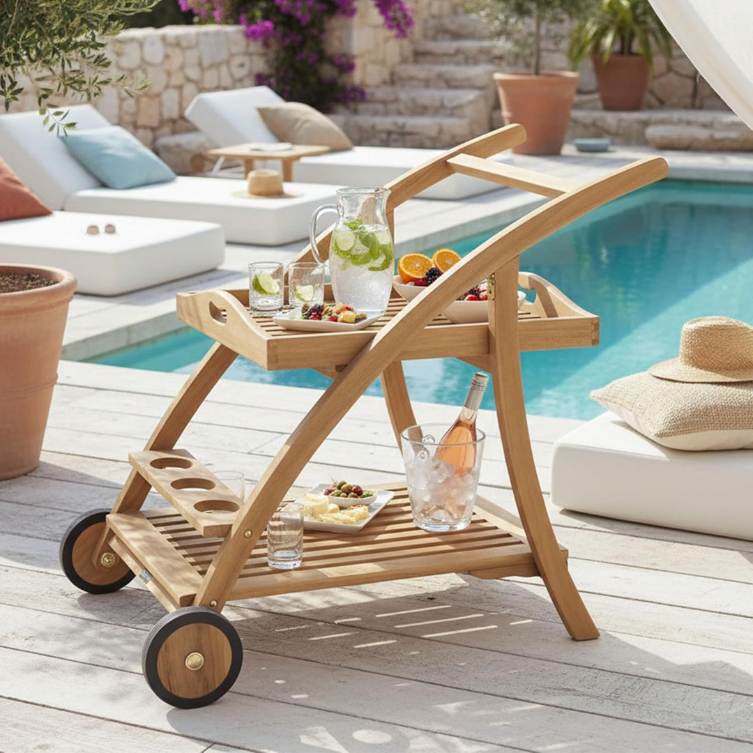 AXI Adi Servierwagen aus Teak Holz mit abnehmbarem Tablett & Flaschenhalter | Küchenwagen mit Rollen