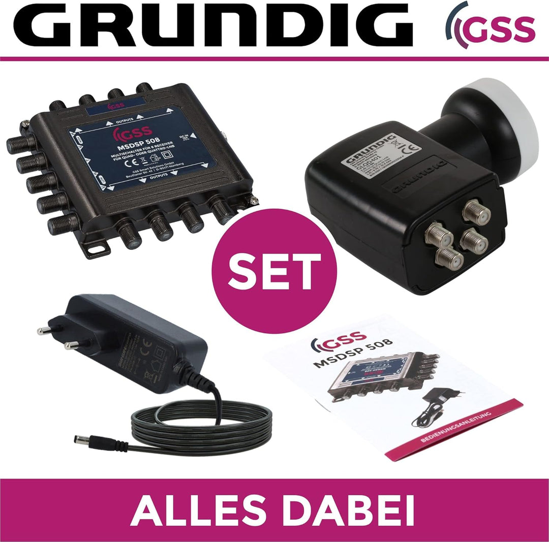 [ Test SEHR GUT *] GSS 5/8 Multischalter + GSS Grundig 4fach Quad LNB im Set, Multiswitch für 1 Sate