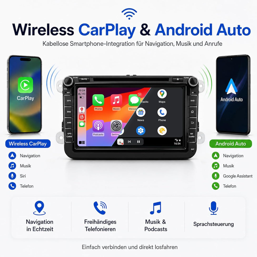 Premium Android Autoradio 8GB+256GB für VW Touran 2003-2011 mit kabellosem CarPlay & Android Auto, D