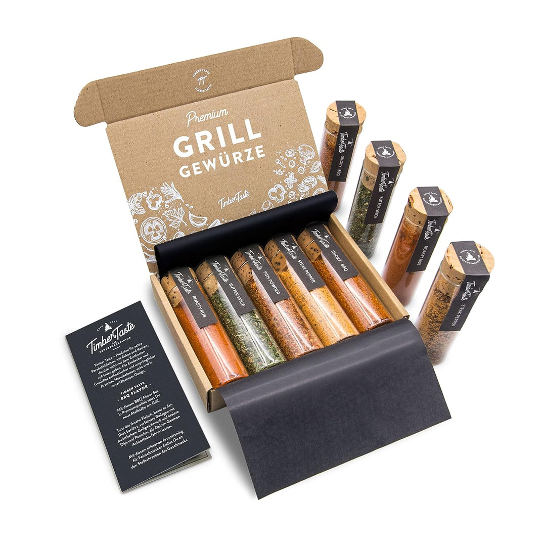 TIMBER TASTE® Grill Gewürze Geschenkset Frauen & Männer | 5 erlesene BBQ Grillgewürze inkl. Rezepte