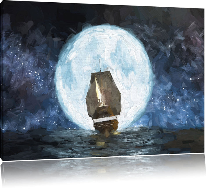 Pixxprint Segelschiff bei Vollmond Kunst Pinsel Effekt, Format: 100x70 auf Leinwand, XXL riesige Bil