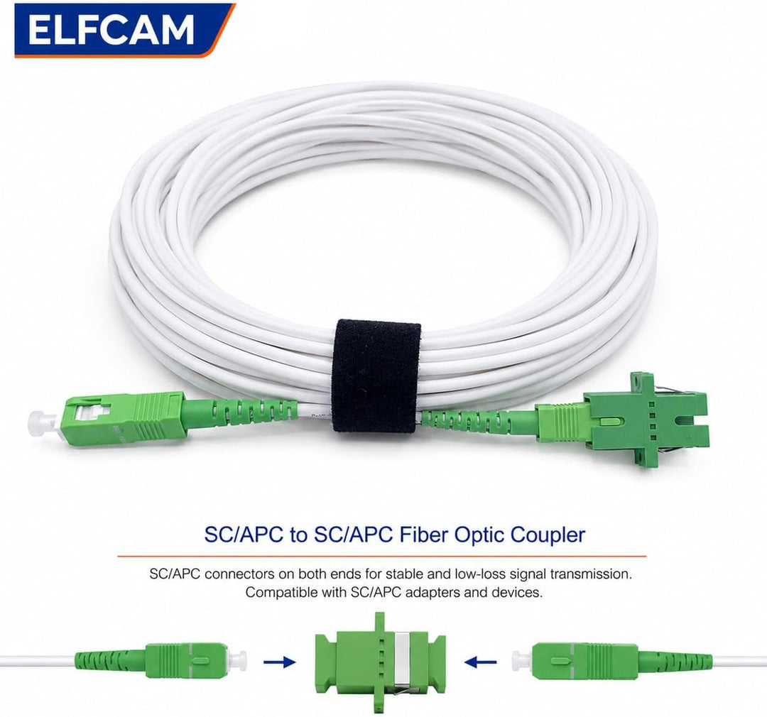 Elfcam® - 15m Glasfaserkabel SC/APC auf SC/APC Simplex Singlemode, Lieferung mit LWL Adapter, LWL ka