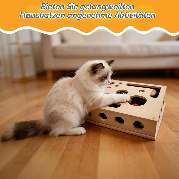 Beschäftigungsbox Katzen, Kratzpuzzle Spielbox Holz Katzens, Interaktives Spielzeug Katzens mit Bäll