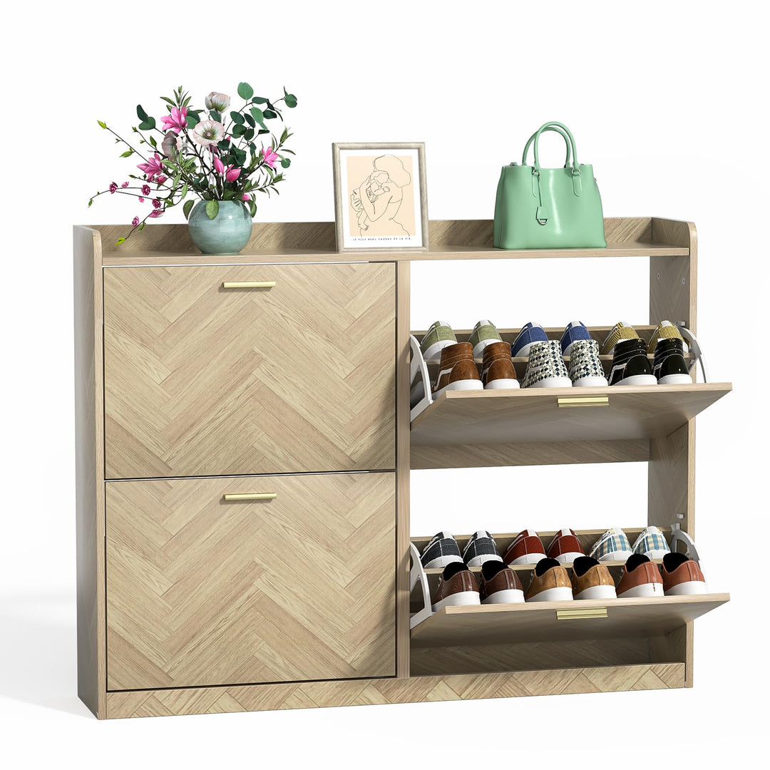 Fischgrätmuster Schuhschrank mit 4 Schublade Holz Schuhkipper für 24-28 Paar Schuhe, Schuhregal mit