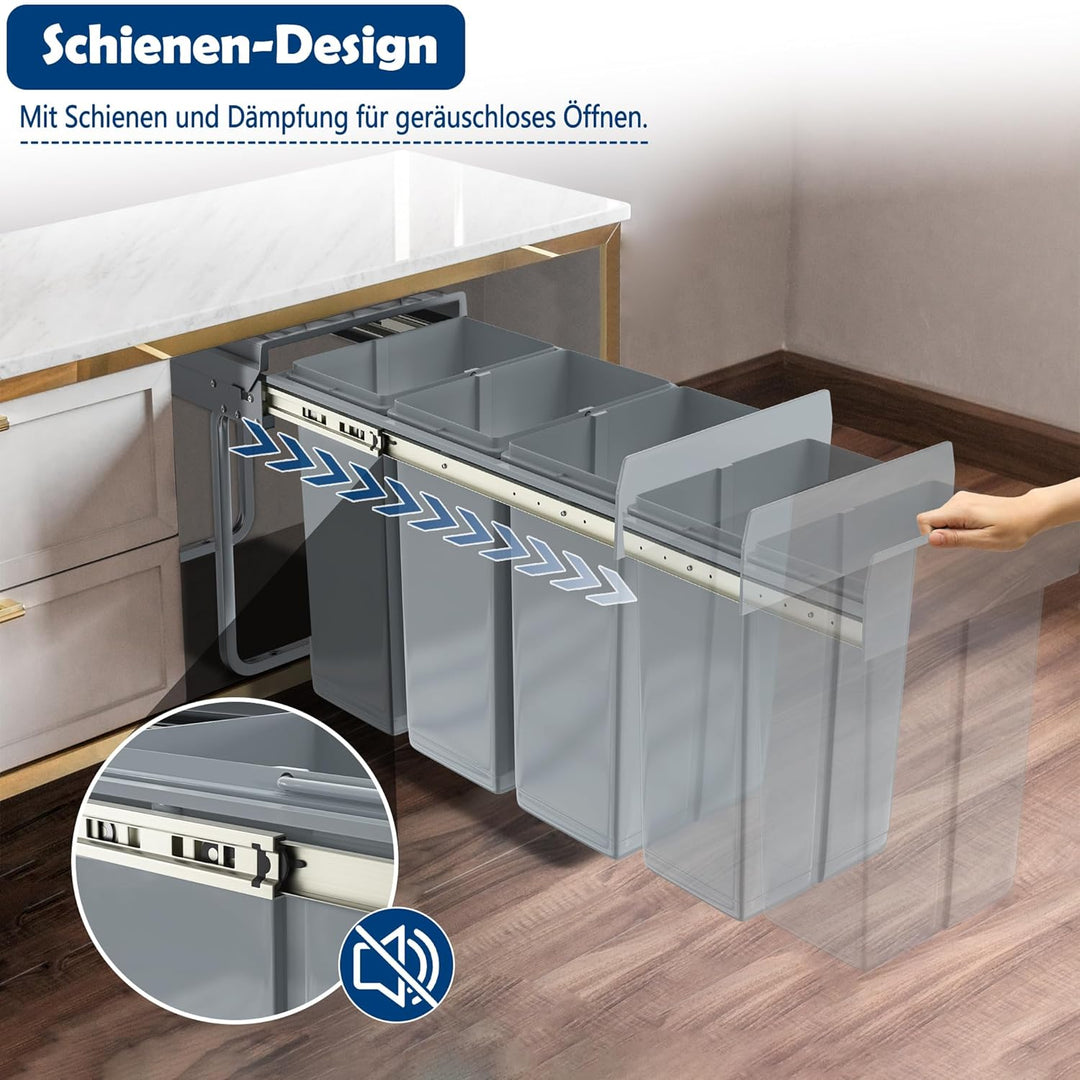 Grau 3 x 10L Einbaumülleimer Mülltrennsystem Ausziehbar Mehrfachbehälter Abfallsammler Schrankmüllei