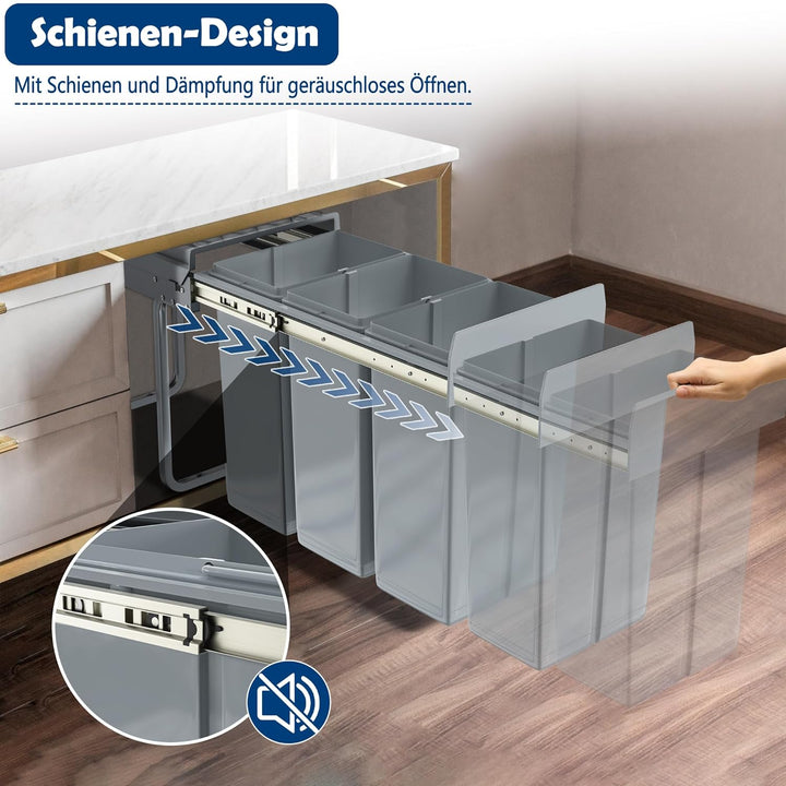Grau 3 x 10L Einbaumülleimer Mülltrennsystem Ausziehbar Mehrfachbehälter Abfallsammler Schrankmüllei