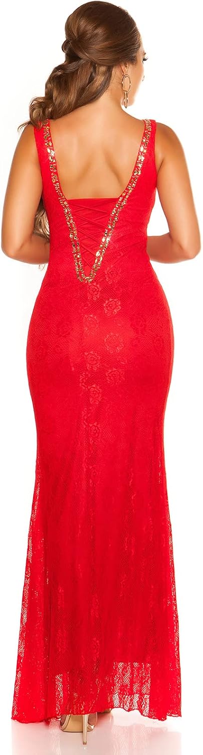 Koucla Glamour Strass V-Neck Maxi Silvester Spitzen Kleid L Rot, L Rot