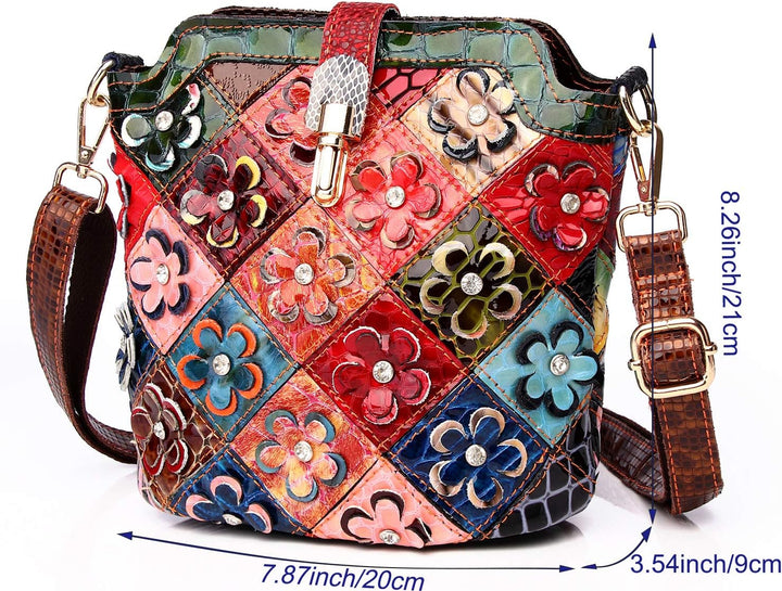 Segater® Mehrfarbig Floral Rind Leder-Umhängetasche für Damen, Vintage Rindsleder Handtasche Blumenm