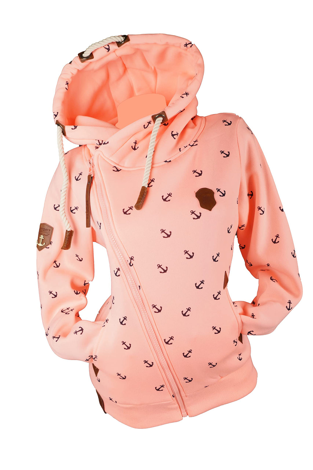 VIN TE Damen Sweat Jacke XXL Kapuze Hoodie Übergangsjacke Fleece gefüttert schräger Reissverschluss