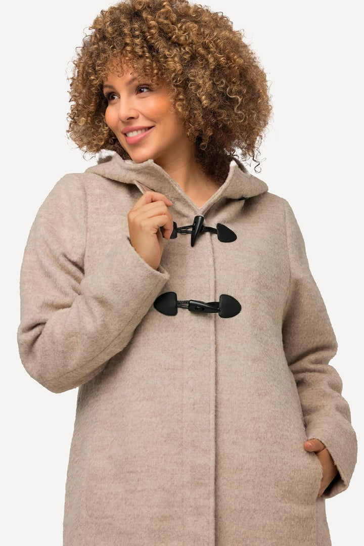 Ulla Popken Damen grosse Grössen Übergrössen Plus Size Dufflecoat, A-Line, Wollmix, Kapuze, Knebelkn