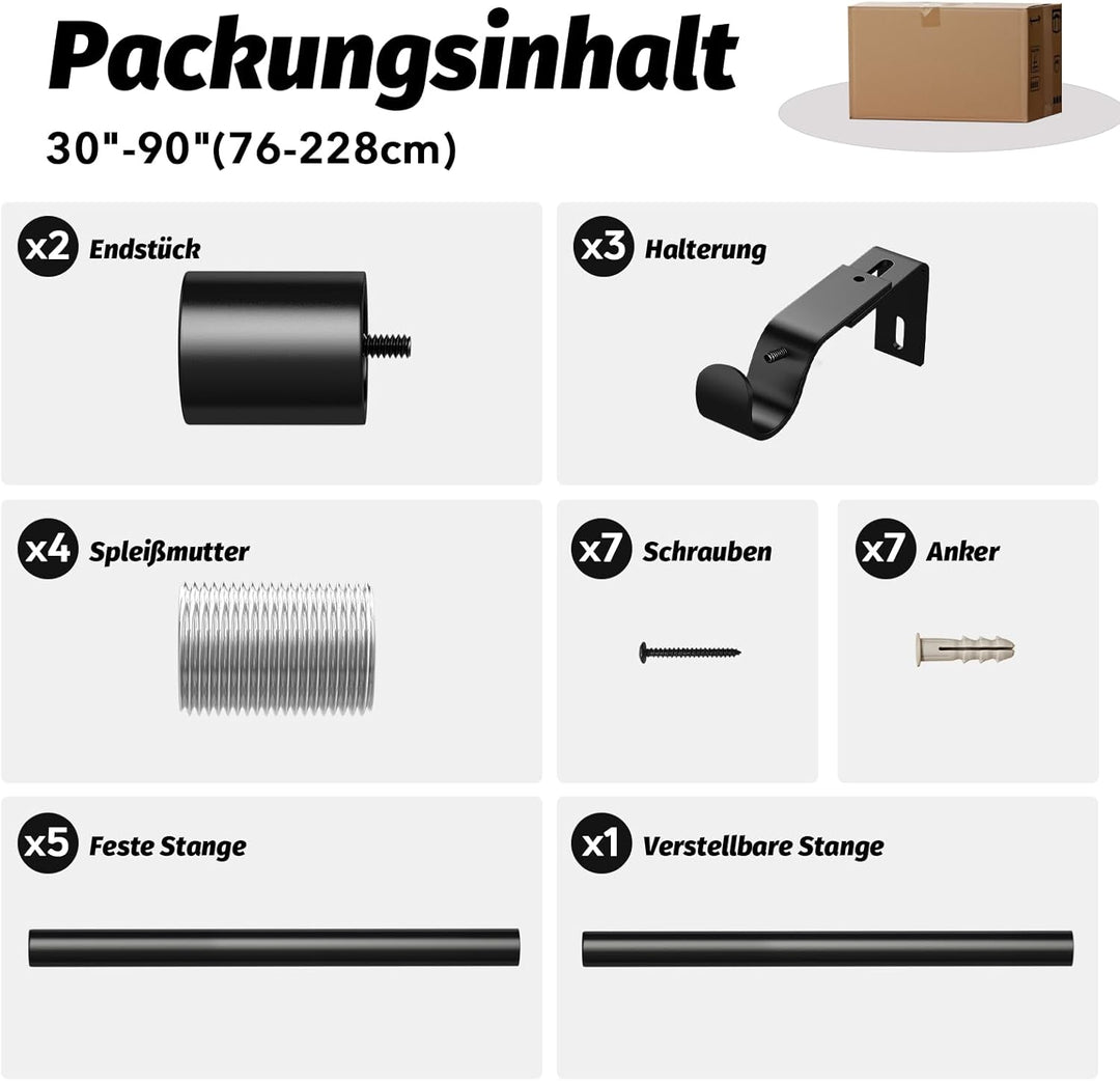 Schwarz Gardinenstange Vorhangstange Ausziehbar Curtain Rod Gardinenstangen für Fenster Outdoor (Sch