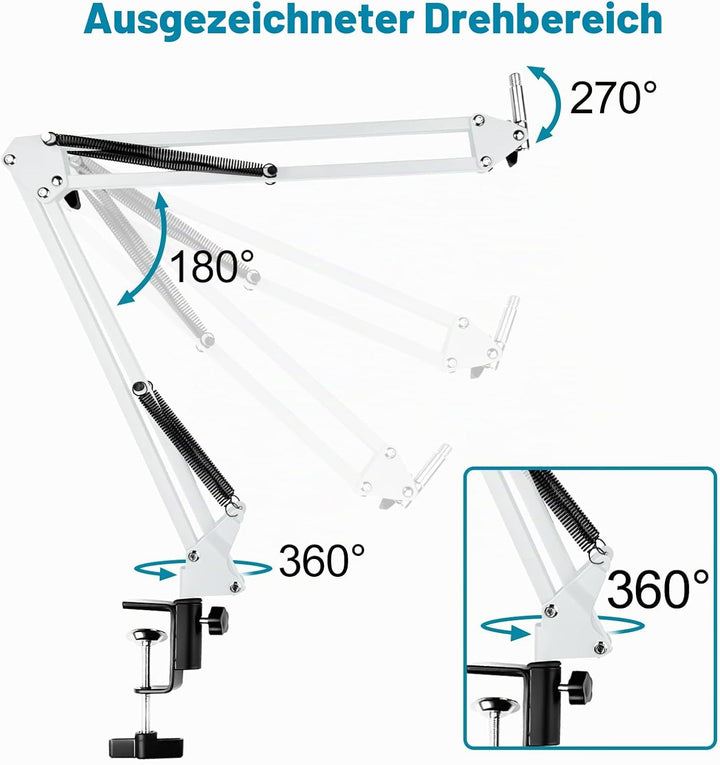 Mikrofon Arm, Mikrofonarm Einstellbare Mikrofonständer Weiss mit Shock Mount, Pop-Filter, 5 Kabelbin