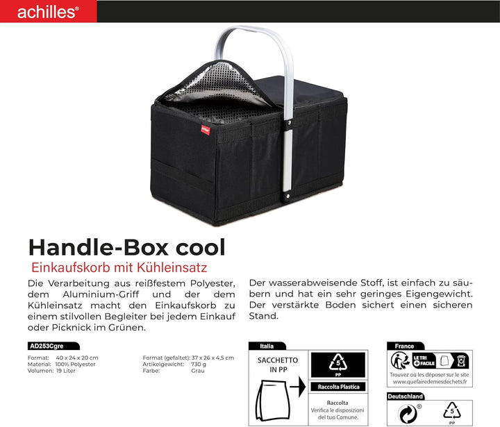 achilles Handle-Box cool, Einkaufskorb mit Kühleinsatz, Faltkorb mit Aluminium Griff, Kühlkorb, 40 c