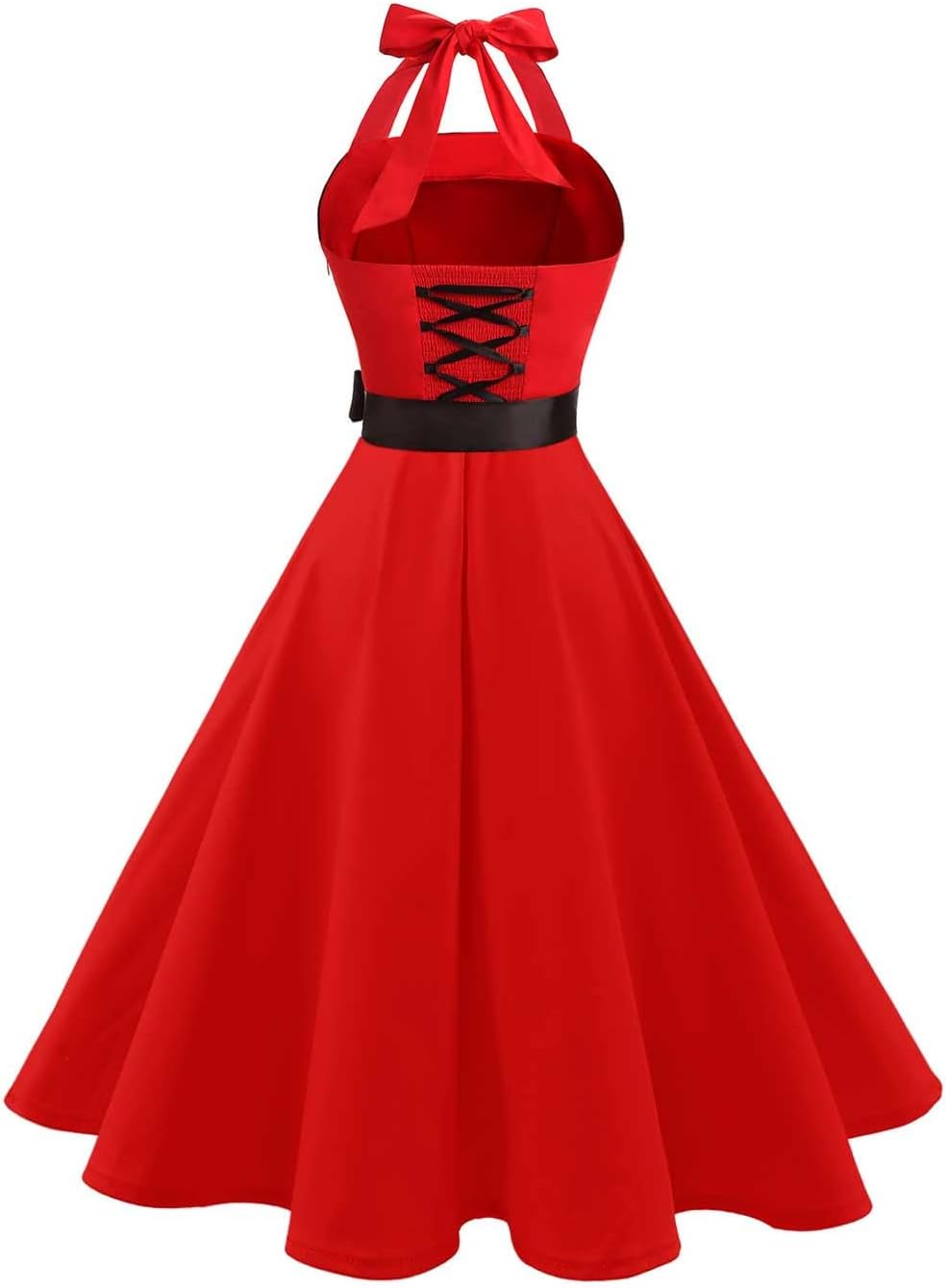 Damen Vintage Cocktailkleid Knielang Neckholder Swing Retro Rockabilly Kleid A-rot XXL, A-rot XXL