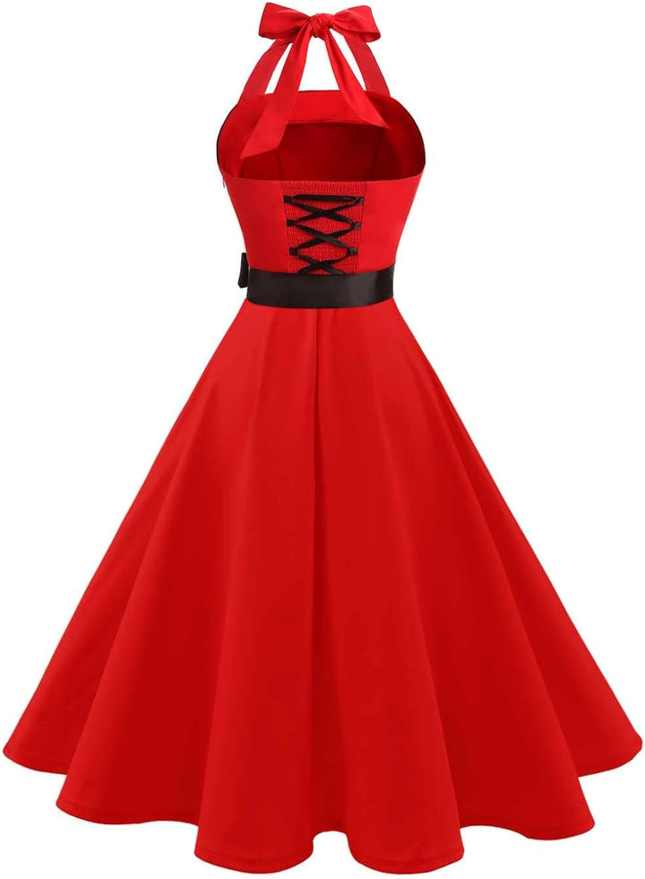 Damen Vintage Cocktailkleid Knielang Neckholder Swing Retro Rockabilly Kleid A-rot XXL, A-rot XXL