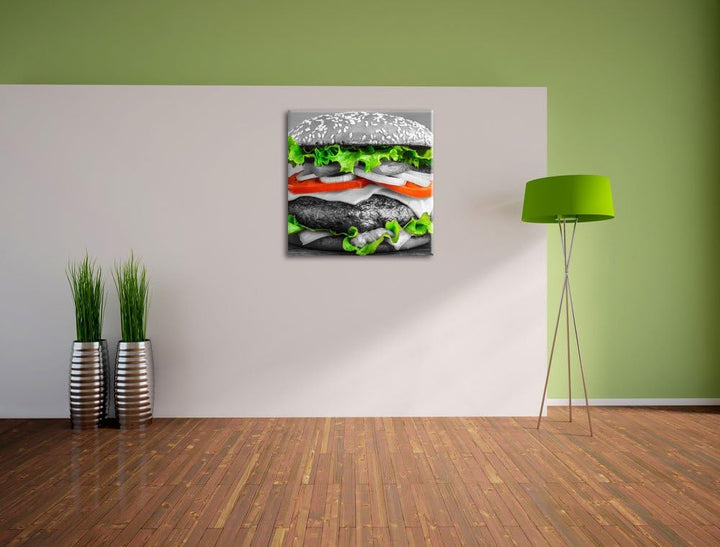 Pixxprint leckerer Hamburger mit Zwiebeln schwarz/weiss, Format: 70x70 als Leinwandbild, 70x70