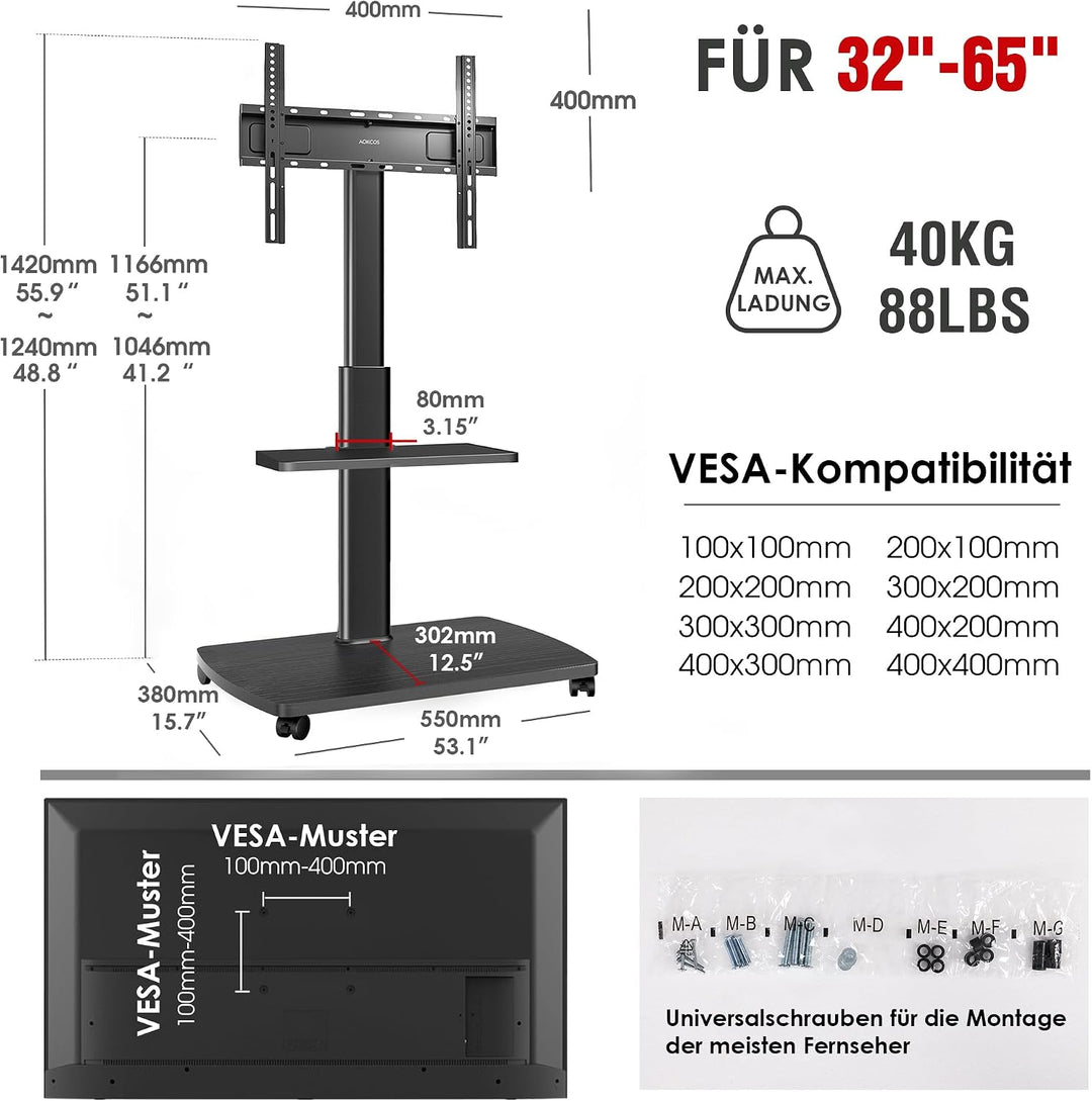 AOKCOS TV Ständer Rollbar mit Holzablage Regal, Fernsehständer auf Rollen für 32-65 Zoll Fernseher,