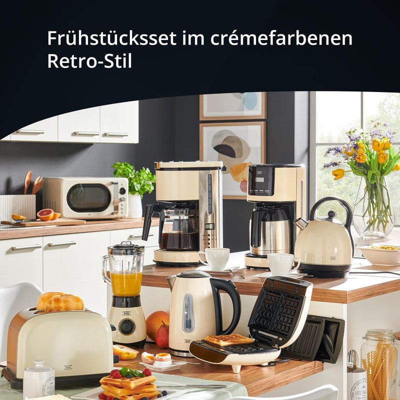 KHG Frühstücksset 2-teilig Kessel-Wasserkocher & Toaster, Creme Beige Retro American Diner Stil, 1,7