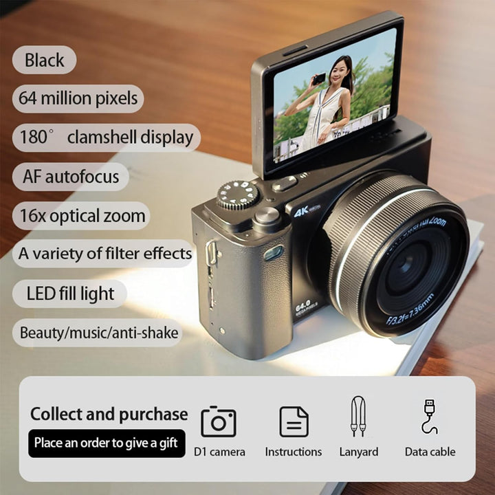 Andoer 64MP Digitalkamera, Vlogging Kamera 16X Optischer Zoom 2,8 Zoll IPS-Bildschirm Kamera, Eingeb