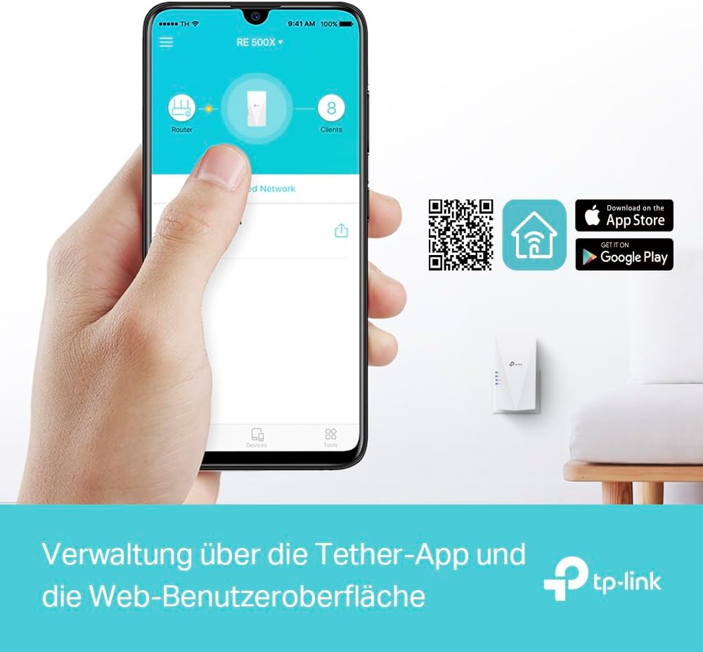 TP-Link RE500X WiFi 6 WLAN Verstärker Repeater AX1500(Dualband 1200MBit/s 5GHz + 300MBit/s 2,4GHz, T