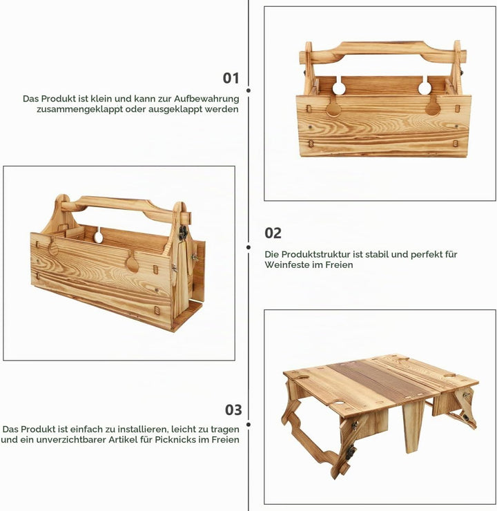 GANAZONO Klapptisch Korb Weinhalter Picknick Im Freien Picknickkorb Aus Holz Klappbarer Tisch Für De