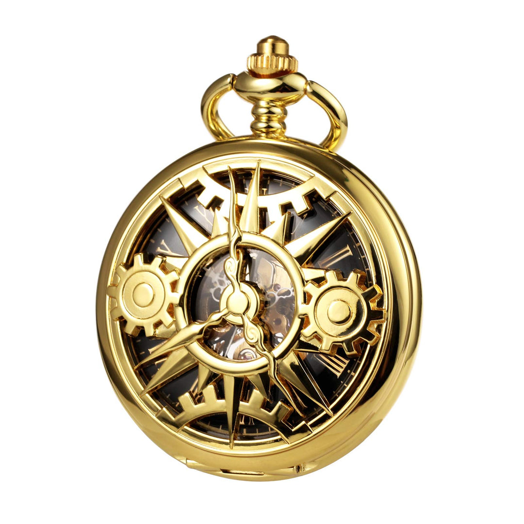 TREEWETO Unisex Taschenuhr mit Kette Analog Handaufzug Doppelscharnier Mechanisch Getriebe Skelett F