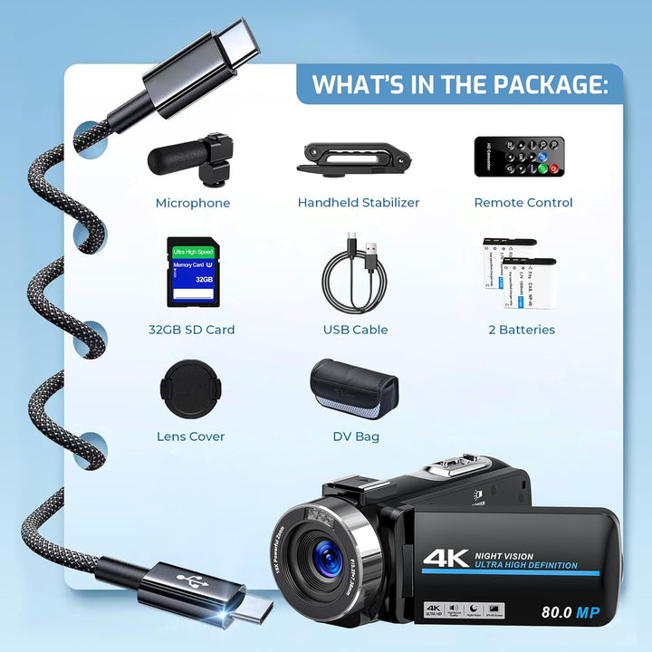 Videokamera 4K Camcorder 80MP 18X Digitalzoom IR Nachtsicht Vlogging Camera | 4K UHD & 80MP Fotos, 3