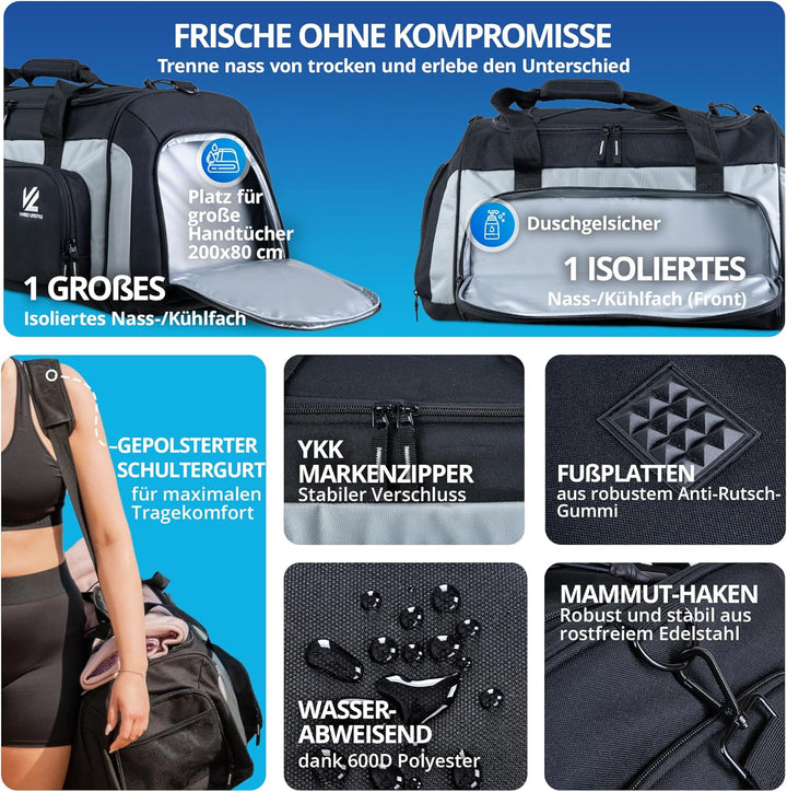 VL® Sporttasche mit Schuhfach, Nassfach & [Isoliertes Kühlfach] Saunatasche & Reisetasche für Damen