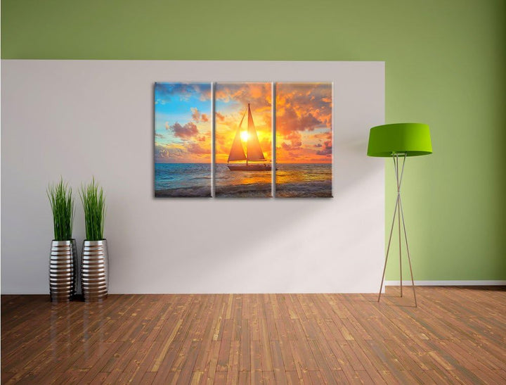 Pixxprint Segelboot nahgelegen der Küste als Leinwandbild/Grösse: 3 Teilig (120x80) / Wandbild/Kunst