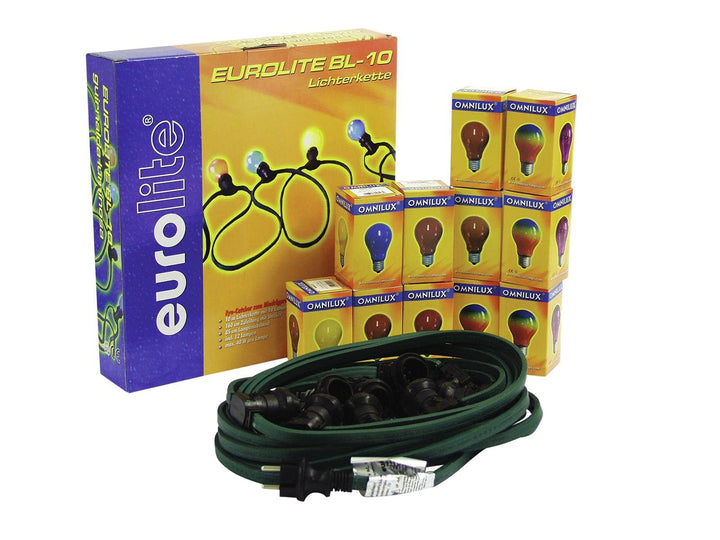 EUROLITE BL-10 E-27 Lichterkette mit 12 x Leuchtmittel | Wetterfeste Lichterkette mit 12 bunten Lamp