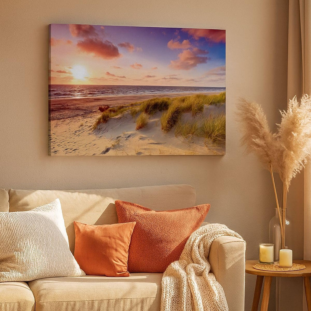 Bilder auf Leinwand Meer Strand Düne Leinwandbild mit Rahmen 70x50cm Wandbilder Dekoration Wohnzimme